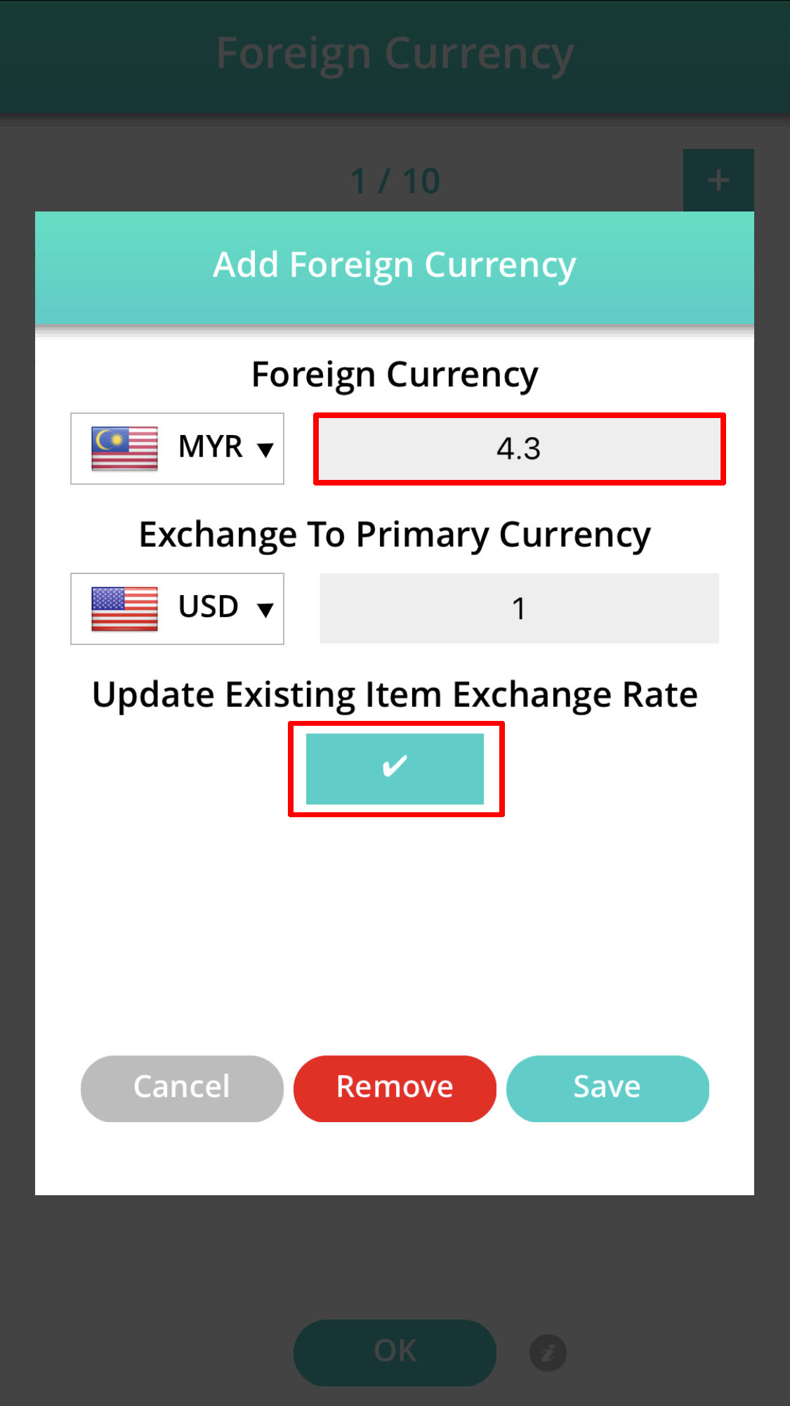 update existing item exchange rate option